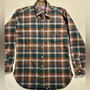 PREOWNED Pendleton Green and Brown Plaid Wool Button Down Shirt Size Medium